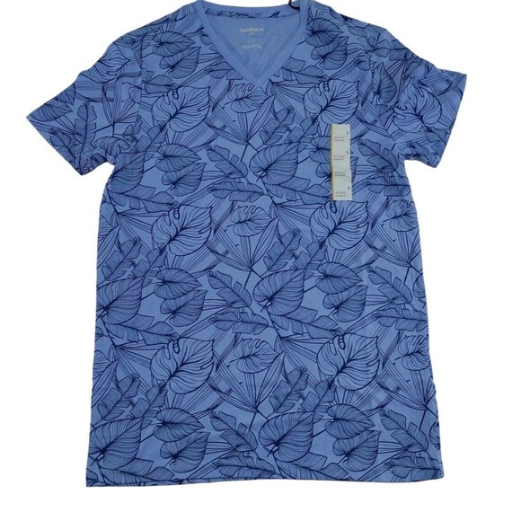 Goodfellow & Co Men's T-Shirt Regular Fit Short Sleeve V-Neck Size S Blue Leaves - Picture 1 of 9